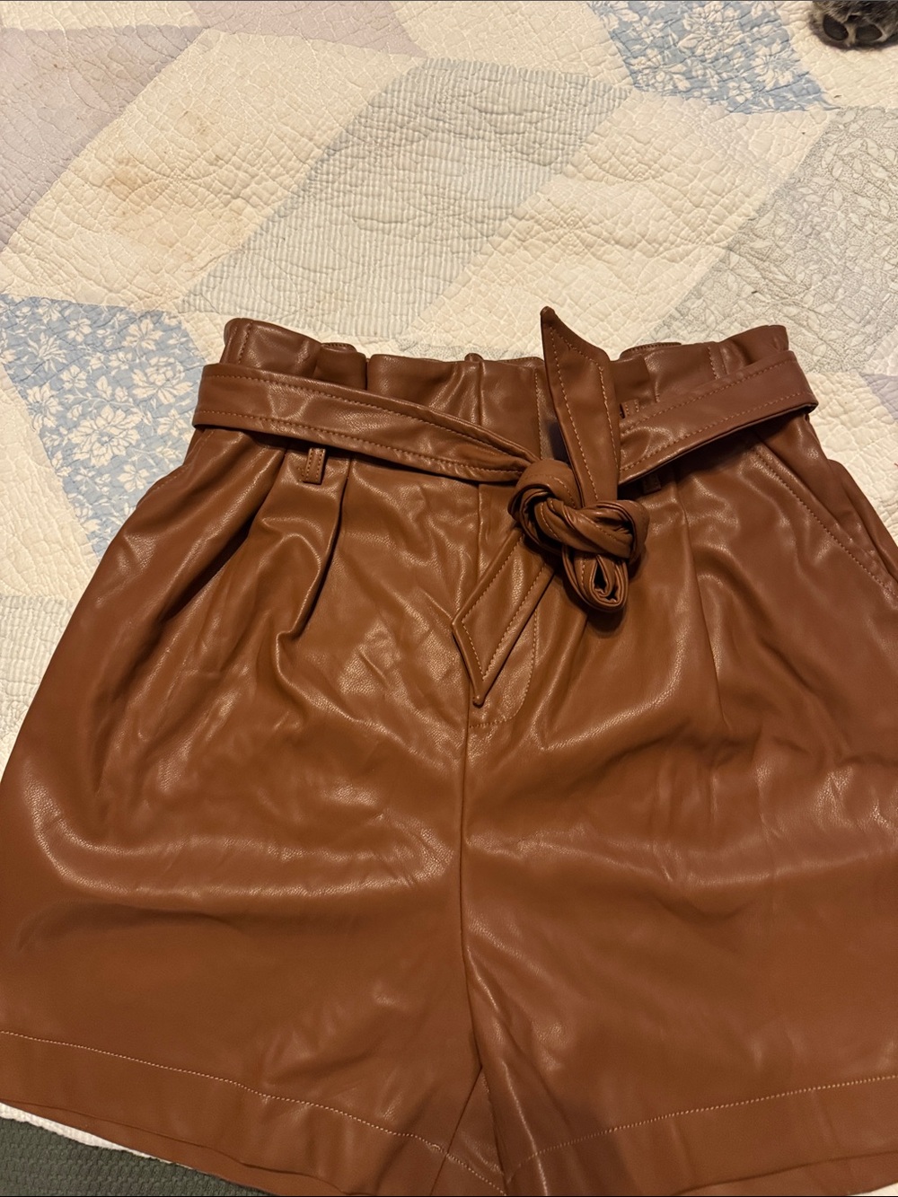 Zenana Outfitters High-Waist Paperbag Shorts in Cognac Brown